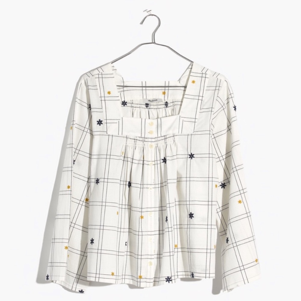 Madewell blouse plaid with buttons and floral detailing
